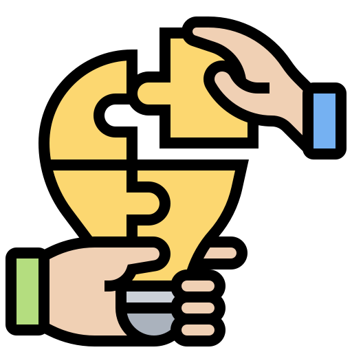 Illustration of yellow bulb jigsaw with two hands joining pieces. Collaboration from Flaticon. 